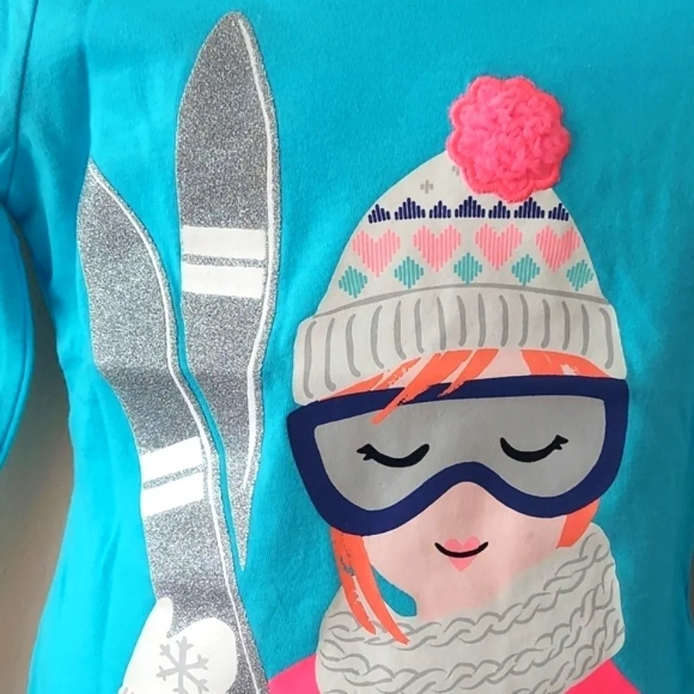 Carters Girls Ski Blue Long Sleeve Tee Shirt pompom - Size 3T